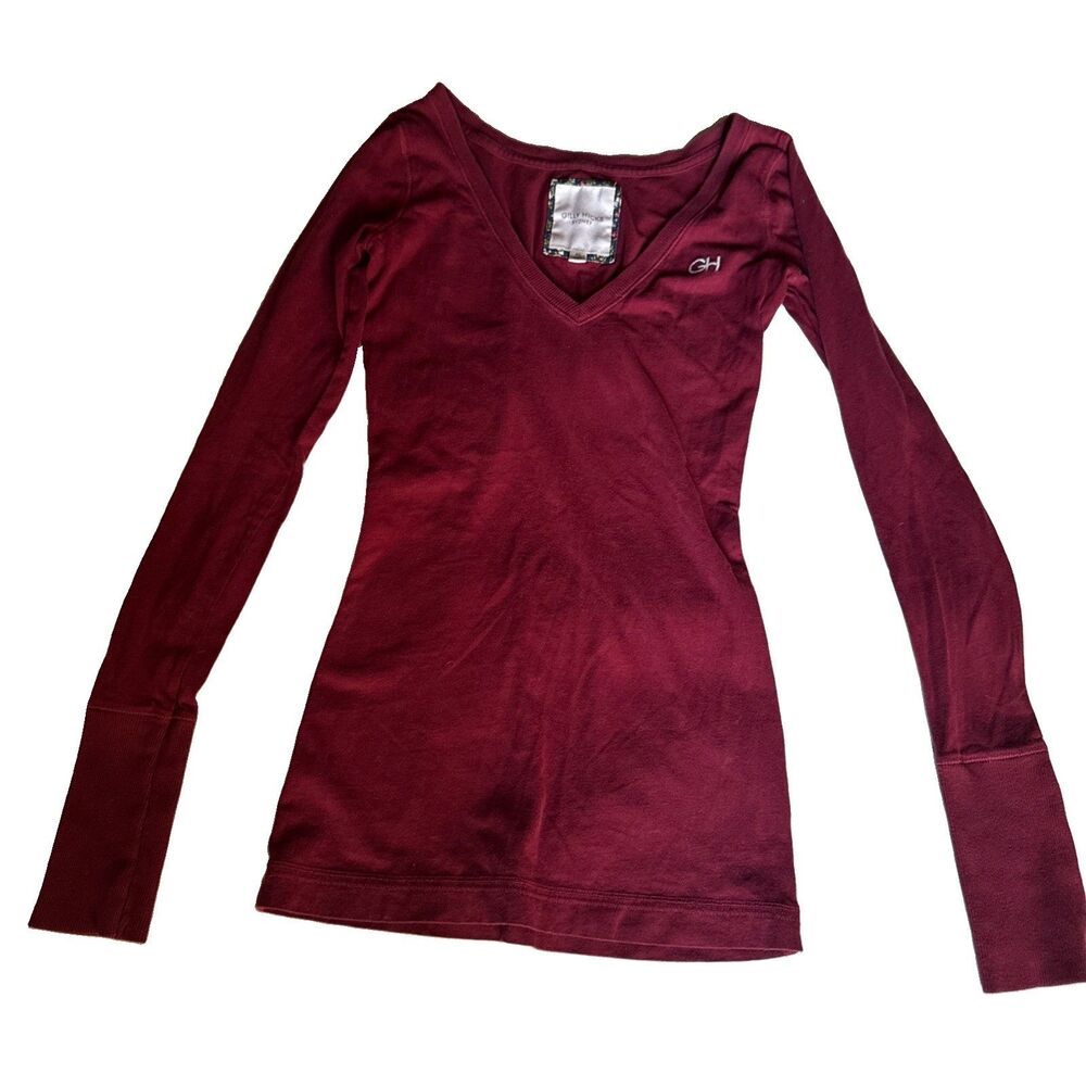 Y2K Gilly Hicks v- neck shirt burgandy Long Sleeve top Vtg Bella Swan logo
